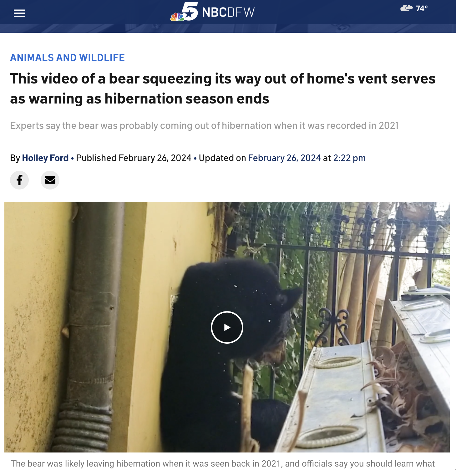 Bears - Nbcdfw 74 Animals And Wildlife This video of a bear squeezing its way out of home's vent serves as warning as hibernation season ends Experts say the bear was probably coming out of hibernation when it was recorded in 2021 By Holley Ford Published